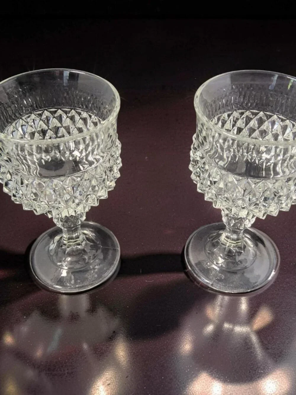 Vintage Set of 2 1960's Indiana Glass Diamond Point Clear Pedestal Wine Goblet.
